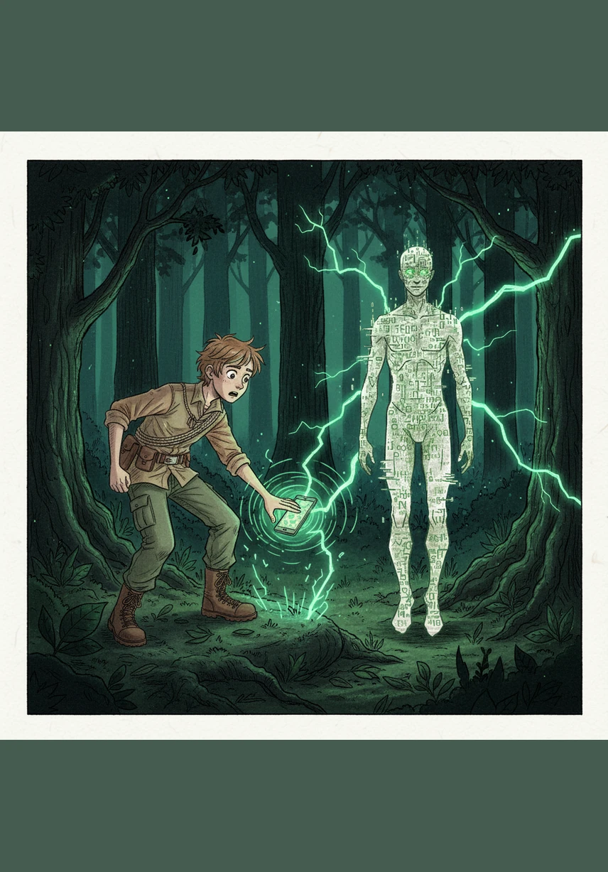 Bili encuentra un teléfono abandonado en el borde del bosque y, al tocarlo, siente una descarga que hace vibrar el aire a su alrededor. Frente a él aparece la figura flotante del Hombre Virus, cuyos relámpagos esmeraldas iluminan los árboles oscuros en un encuentro aterrador.