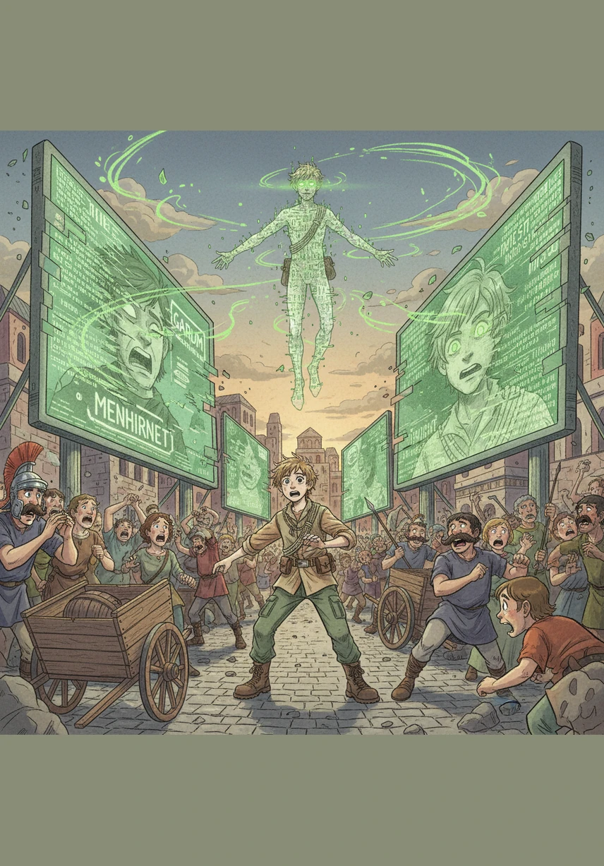 El caos se apodera de Asterix mientras las pantallas se apagan y los ciudadanos transformados marchan por las calles iluminadas por el virus. Bili corre hacia el centro de la ciudad, recordando una vieja historia sobre un satélite antiguo capaz de limpiar cualquier amenaza digital.