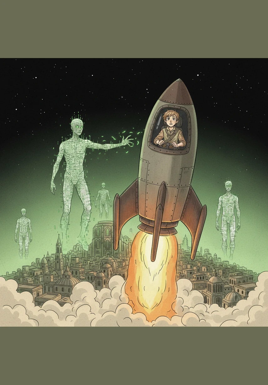 En un laboratorio olvidado bajo un edificio antiguo, Bili encuentra un cohete experimental cubierto de polvo que ha esperado años para ser usado. Con determinación, activa los motores y despega hacia el espacio, dejando atrás una ciudad que se tiñe de un verde amenazante.