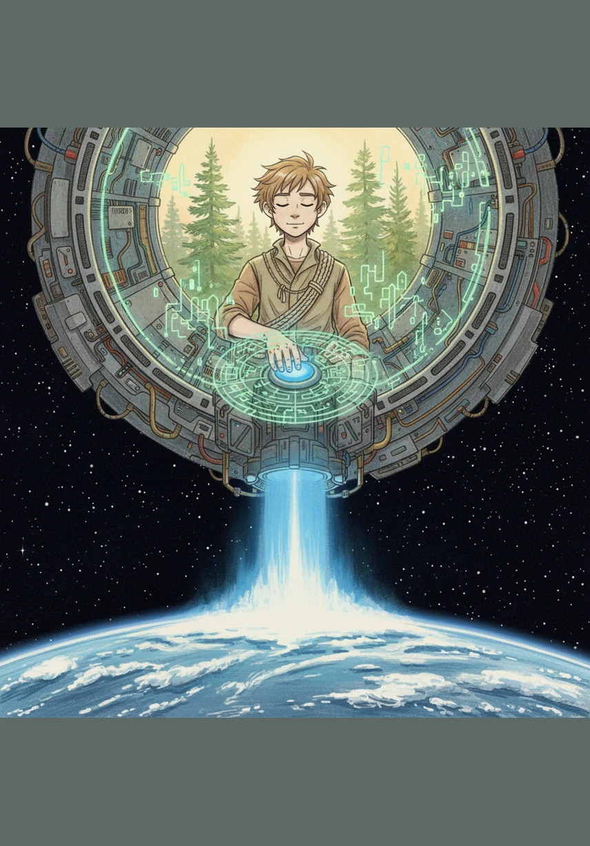 Desde el silencio del espacio, Bili accede al satélite ancestral y se enfrenta a un mensaje que le pide recordar el mundo real para activar la cura. Al cerrar los ojos y evocar el aroma de los pinos y el calor del sol, presiona el botón central que libera una poderosa onda de luz azul sobre el planeta.