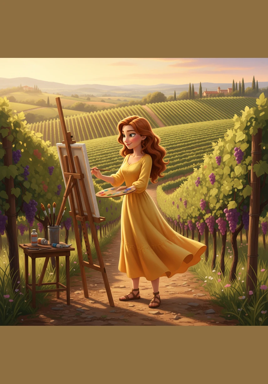 Sofia stands at the edge of her family’s sprawling Tuscan vineyard, her easel set up to capture the golden light spilling over the hills. Her vibrant sundress flutters in the warm breeze as she mixes shades of ochre and sienna, feeling the creative pulse of the land. In the distance, the orderly rows of the rival estate stand like a silent challenge against the horizon.