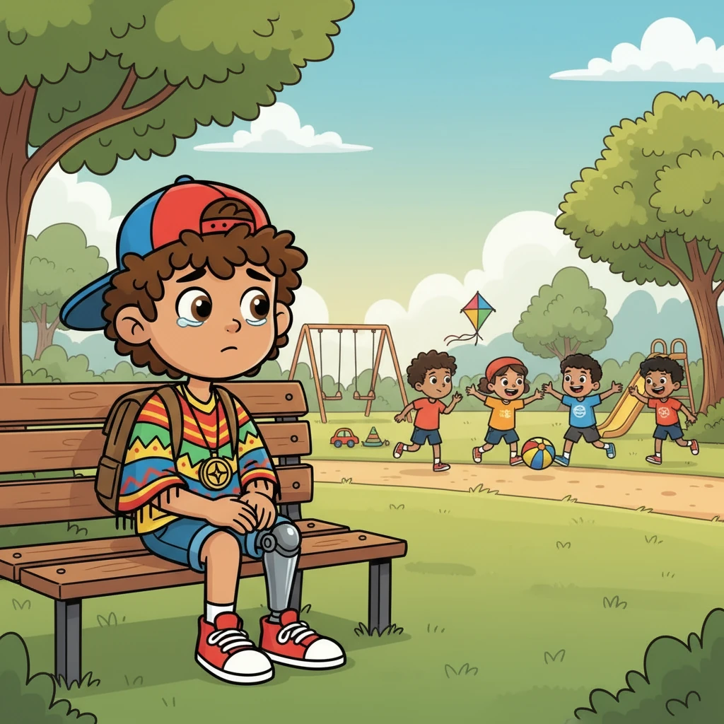 Leo, un niño con una prótesis en la pierna, jugaba solo en el parque. Observaba a los demás niños, sintiendo un poco de tristeza. Su corazón anhelaba la amistad y la compañía, pero a veces se sentía diferente.