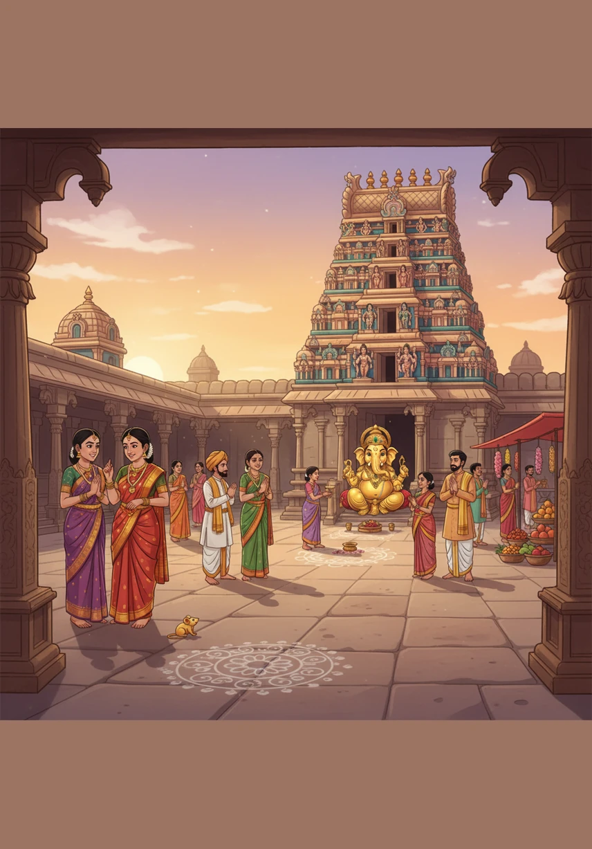 A majestic South Indian temple gopuram rises toward the sky, glowing in the warm light of the setting sun. As the camera zooms in slowly, temple bells swing rhythmically, and vibrant marigold garlands draped over banana leaf torans sway in the gentle breeze.