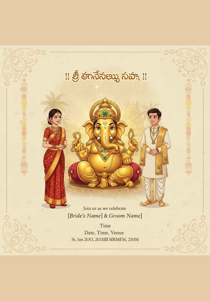 At the heart of the invitation, a resplendent golden illustration of Lord Ganesha appears, radiating divine grace. The sacred Telugu script “॥ శ్రీ గణేశాయ నమః ॥” shines elegantly above him, invoking blessings for a new and auspicious beginning.