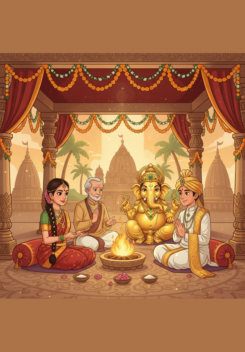 Beneath a grand wooden mandapam adorned with fresh jasmine and banana leaves, the bride and groom stand in traditional attire. They share a soulful moment, exchanging garlands made of red and white roses as brass diyas flicker softly around them.