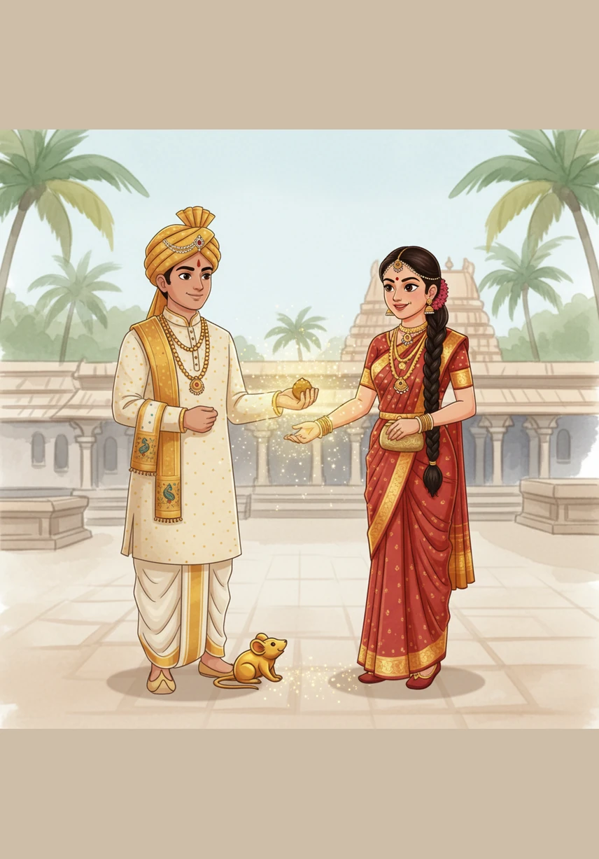 Delicate peacock feathers drift through the air like whispers of beauty, while pink lotus petals fall gracefully over the scene. On the floor, intricate white and red rangoli patterns bloom into existence, creating a tapestry of ancient artistry.