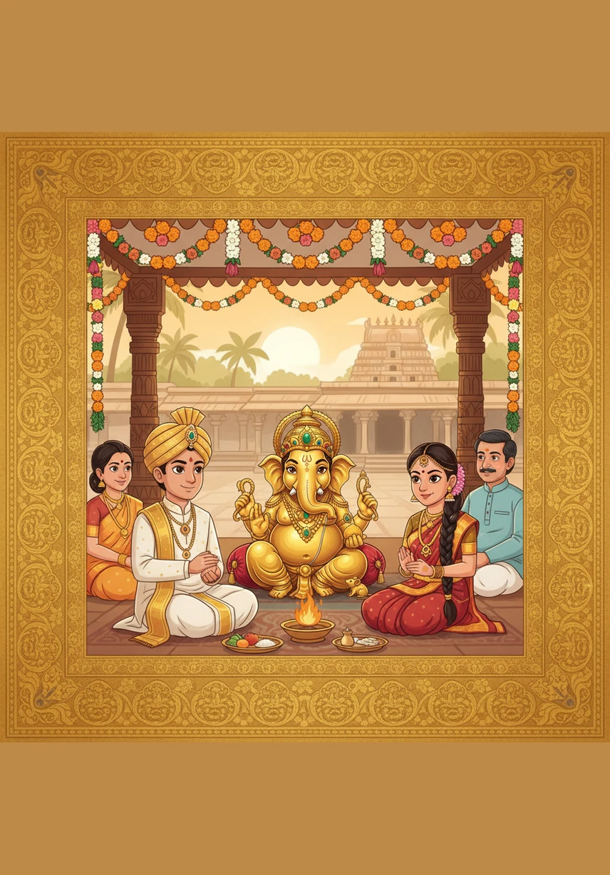 The entire screen is framed by rich, ornamental golden borders that mimic the intricate weaving of a Kanchipuram silk saree. These shimmering patterns provide a regal structure to the digital invitation, exuding luxury and heritage.