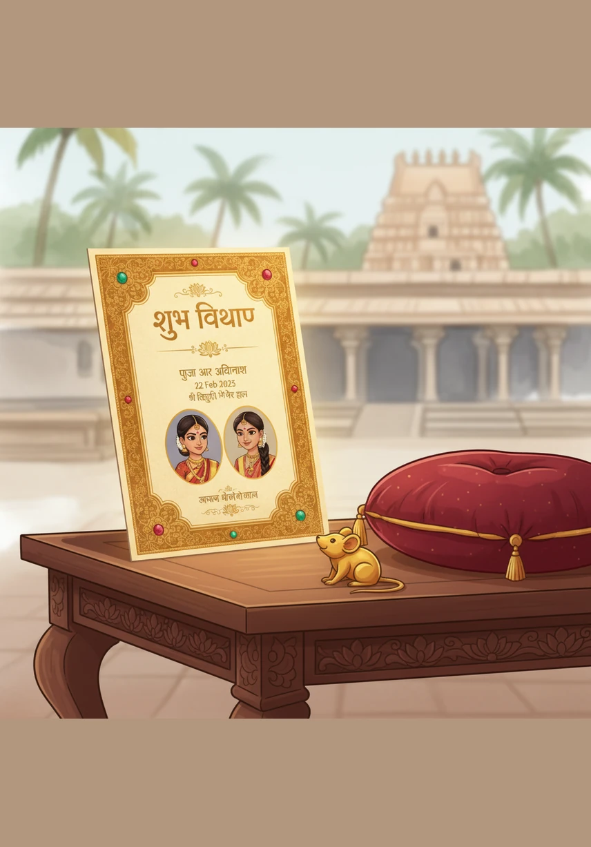 An elegant golden-framed card slides into view, announcing the joyous Reception evening for Arjun and Ananya. The background features soft bokeh lights and floral arrangements, inviting guests to a night of music, dance, and celebration.