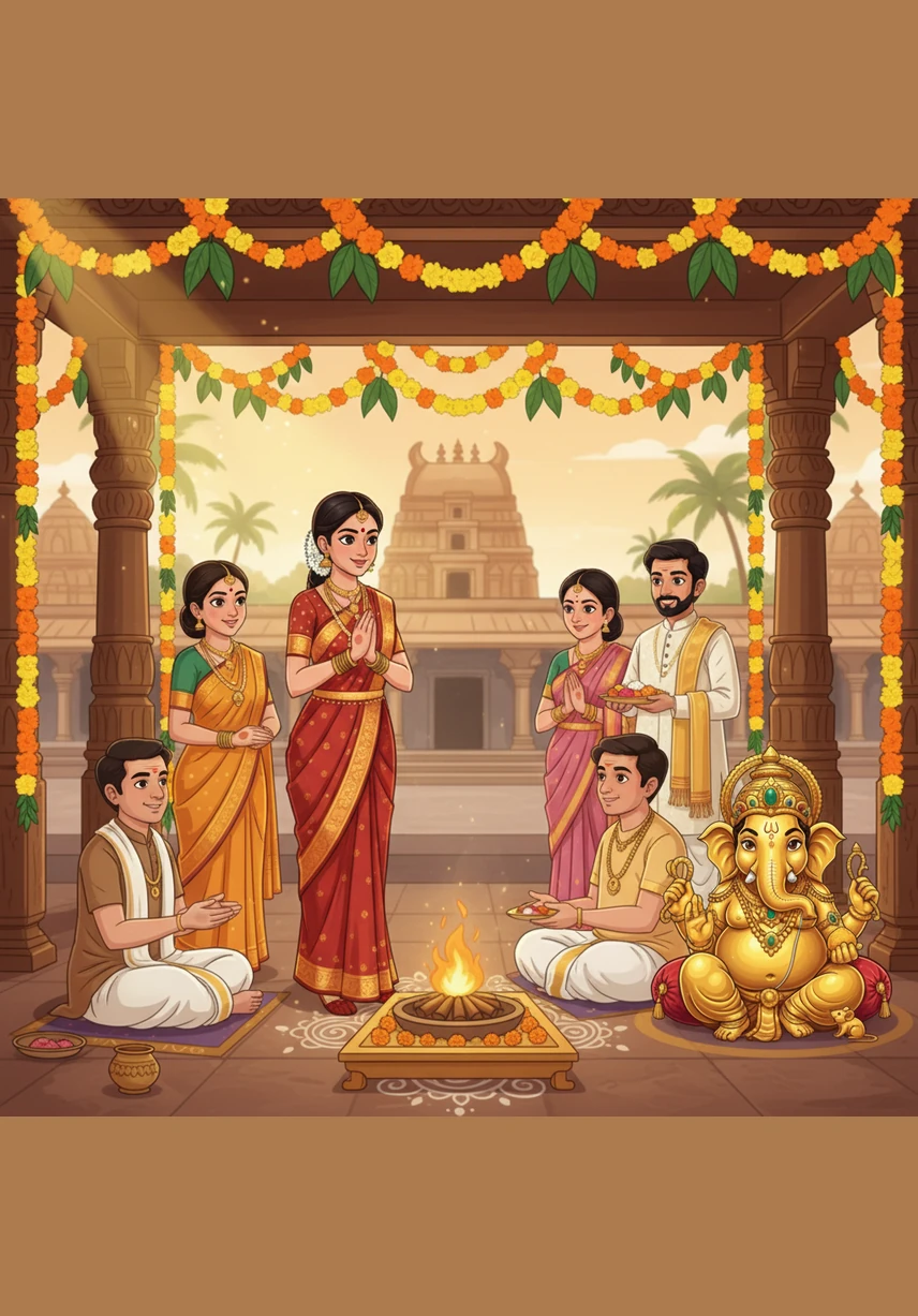 The sacred Muhurtham section reveals the precise, auspicious timing of the wedding ceremony within a beautifully embossed frame. Traditional motifs of coconut and mango leaves decorate the corners, emphasizing the spiritual importance of the union.