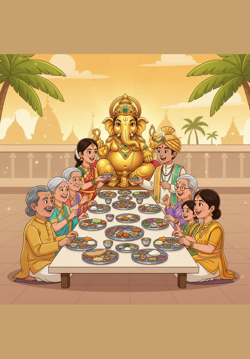 A dedicated section for the traditional wedding feast appears, showcasing a visual of a classic South Indian banana leaf meal. The invitation warmly welcomes guests to partake in a grand lunch filled with authentic flavors and heartfelt hospitality.