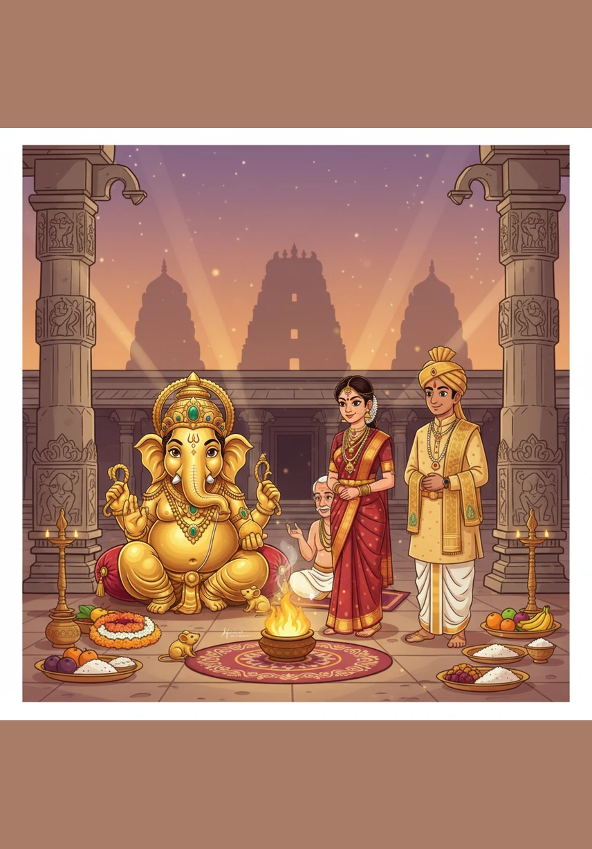 The architectural splendor of a traditional South Indian temple serves as the backdrop for the venue details. Carved stone pillars and soaring arches guide the guests toward the sacred location where the vows will be taken.