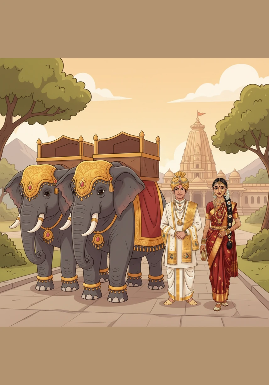 To conclude the journey, two royal elephants decorated with golden ornaments face each other, raising their trunks in a gesture of blessing. They stand as guardians of the couple’s future, symbolizing strength, wisdom, and eternal prosperity.