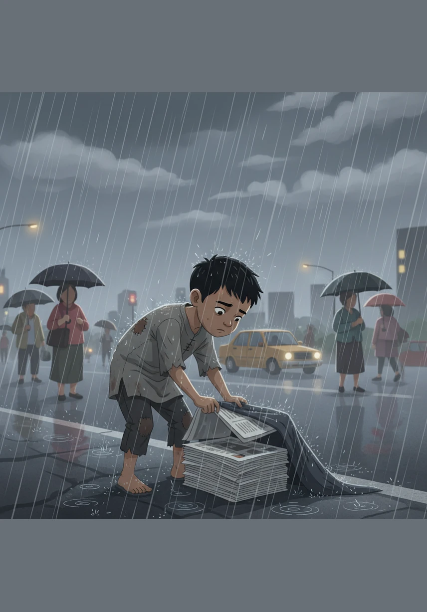 Bima kecil berdiri di pinggir jalan yang ramai, mengenakan baju lusuh yang sudah kekecilan dan penuh tambalan. Di bawah guyuran hujan deras, ia berusaha melindungi tumpukan koran dagangannya dengan tubuh kecilnya agar tidak basah demi mencari sedikit uang untuk makan.