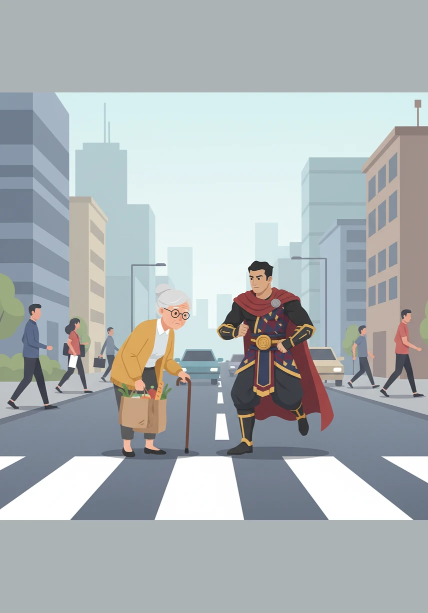 Di tengah keramaian kota yang acuh tak acuh, Bima melihat seorang nenek tua yang kesulitan membawa barang belanjaan berat sambil mencoba menyeberang jalan. Tanpa ragu, ia berlari menghampiri dan menawarkan bantuan untuk membawakan barang-barang itu hingga sampai ke depan pintu rumah sang nenek.