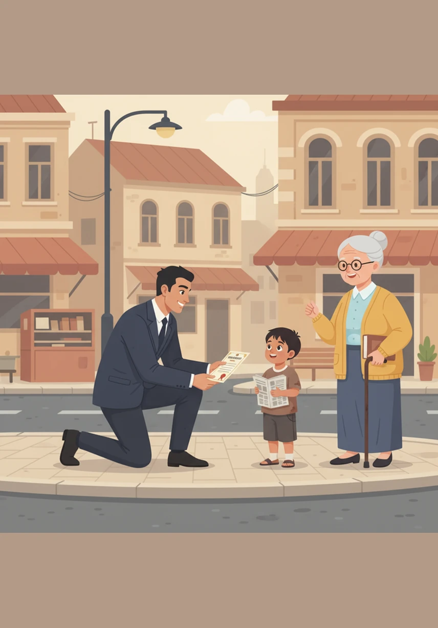 Di puncak kesuksesannya, Bima kembali ke sudut jalan tempat ia dulu berjualan koran untuk membagikan beasiswa kepada anak-anak yang bernasib sama dengannya. Ia berlutut untuk menyemangati seorang anak kecil sambil tersenyum, membuktikan bahwa hati yang penuh kasih akan selalu menemukan jalan menuju cahaya.