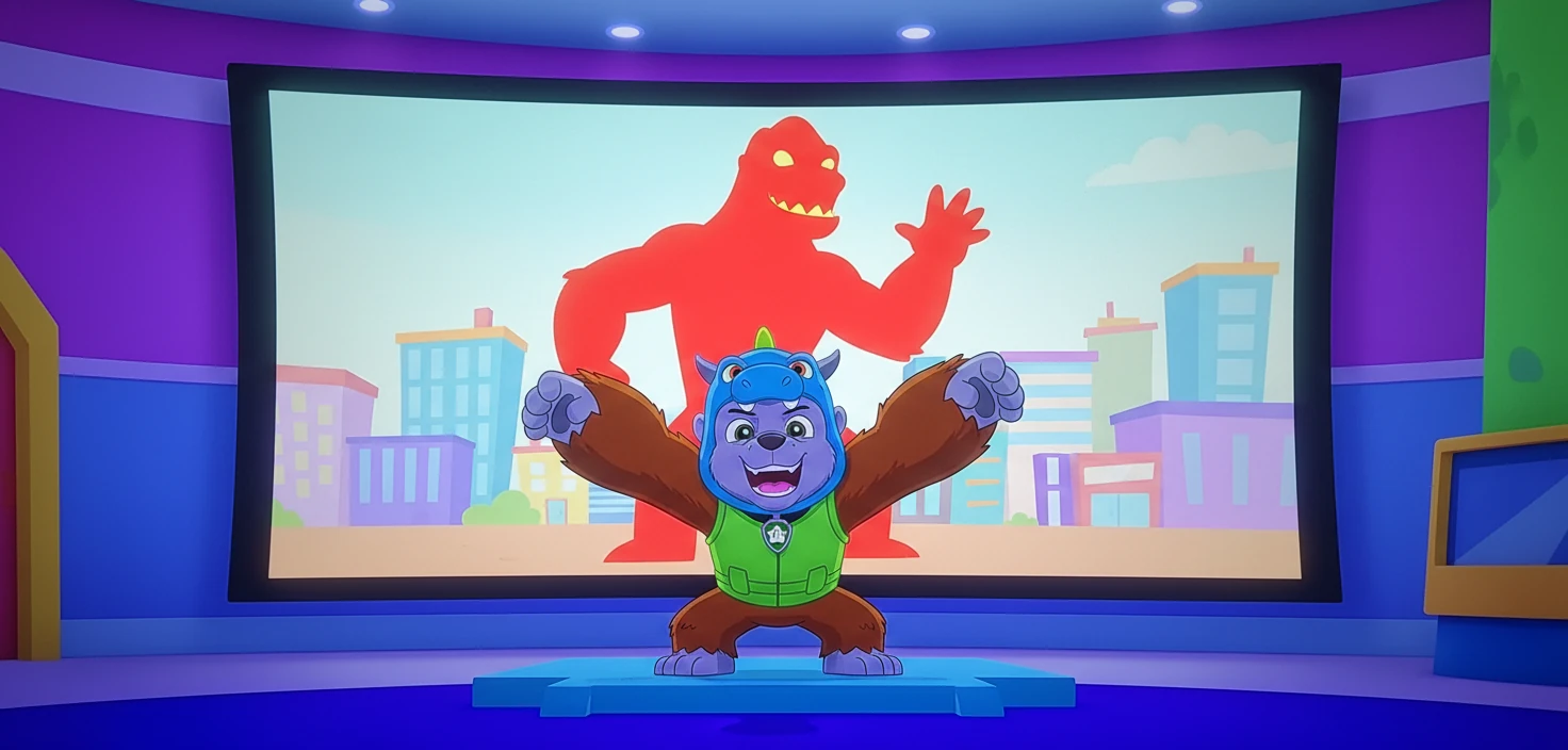 Rocky, jako King Kong-Godzilla, przygotowywał się do prowadzenia Superkino. Włożył specjalny kostium i stanął przed wielkim ekranem. Czuł się potężny i gotowy na wszystko.