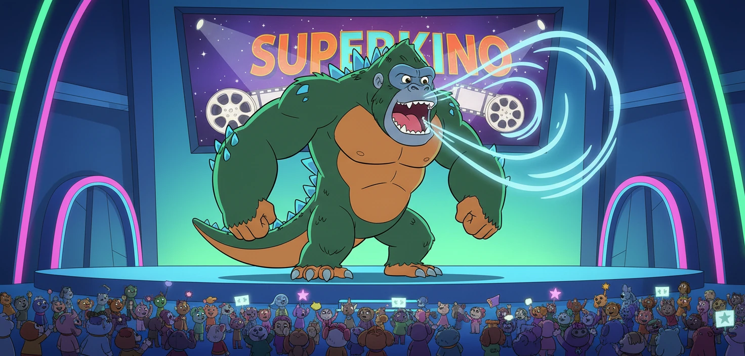 King Kong-Godzilla, z imponującą posturą, zapowiedział film. Jego głos był donośny, a obecność dominująca. Widzowie byli zachwyceni jego rolą w Superkino.