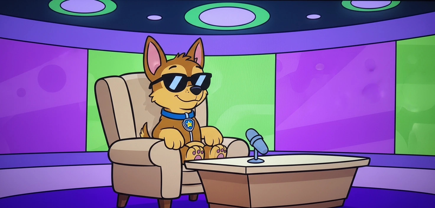 Chase, jako Kuba Wojewódzki, przygotowywał się do swojego talk-show. Założył swoje ulubione okulary i usiadł wygodnie w fotelu. Czuł się pewny siebie i gotowy do rozmów.