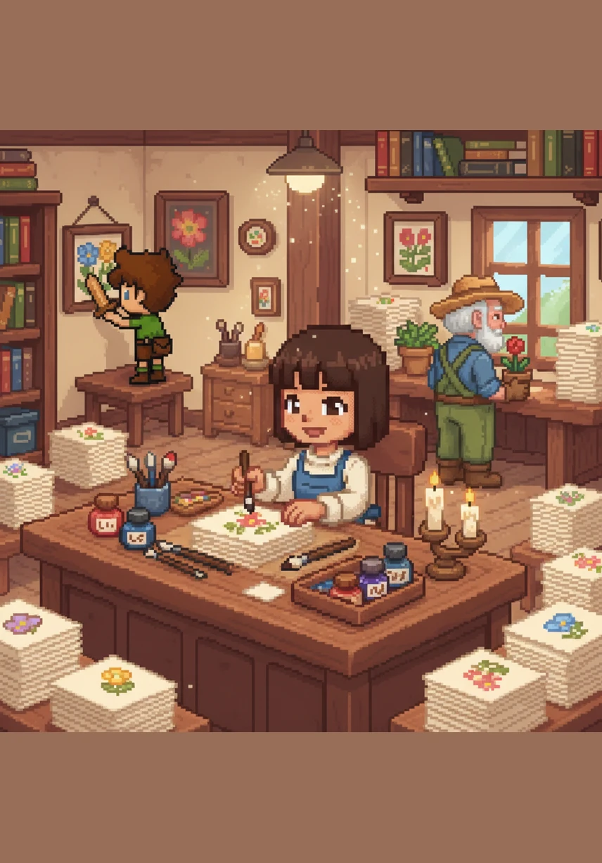 Inside the shop, Mia spends her afternoons carefully sketching tiny, vibrant illustrations on the corners of hundreds of paper stacks. The room smells of fresh ink and sweet vanilla candles as she prepares for her grand opening.