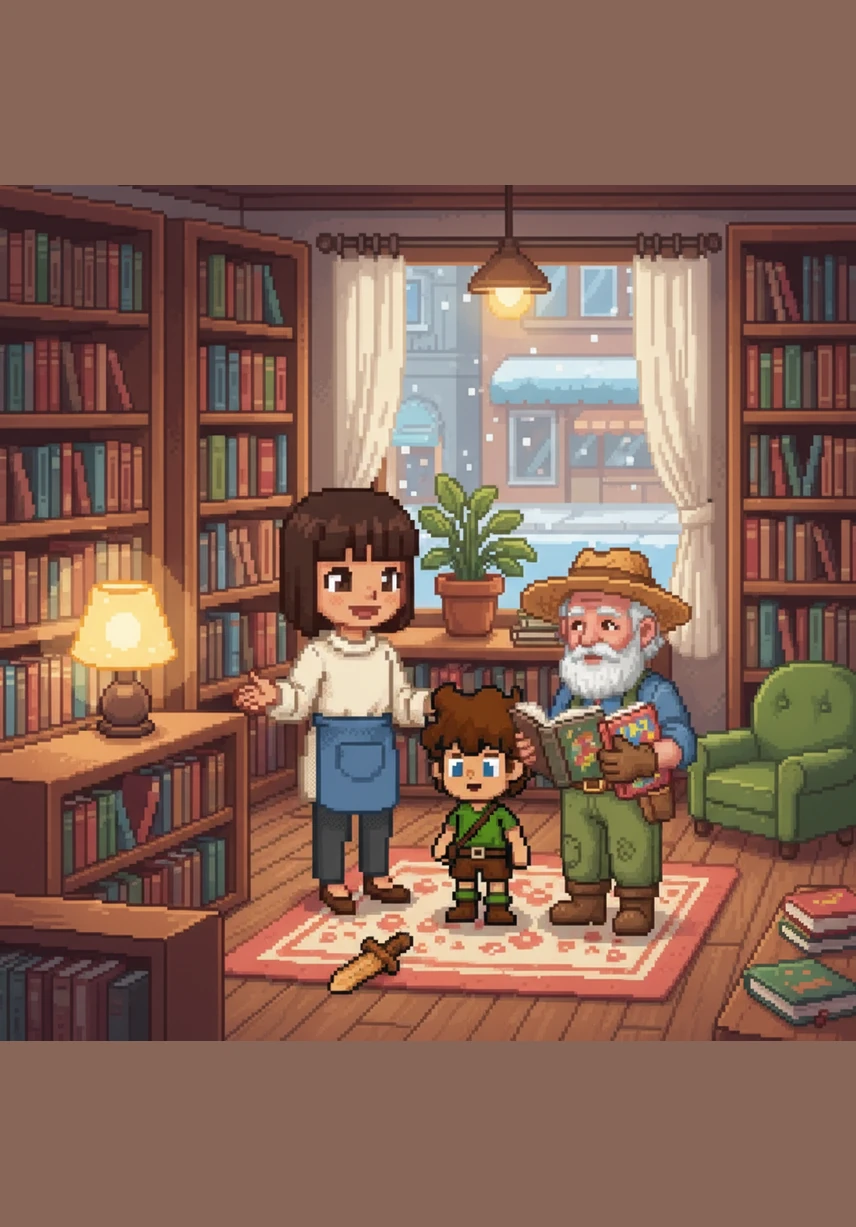 The first customer, a shy boy named Leo, enters the shop and gazes at the rows of colorful books. Mia smiles and hands him a special book titled The Dancing Squirrel, encouraging him to flip the pages fast.