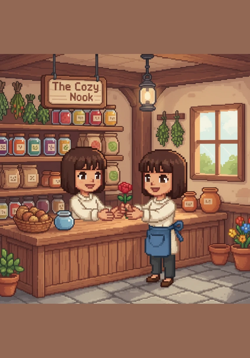 Mia creates a custom flipbook for an elderly gardener who misses the spring. When he flips the pages, a miniature garden of shimmering flowers blooms in the air around him, filling the shop with a floral scent.