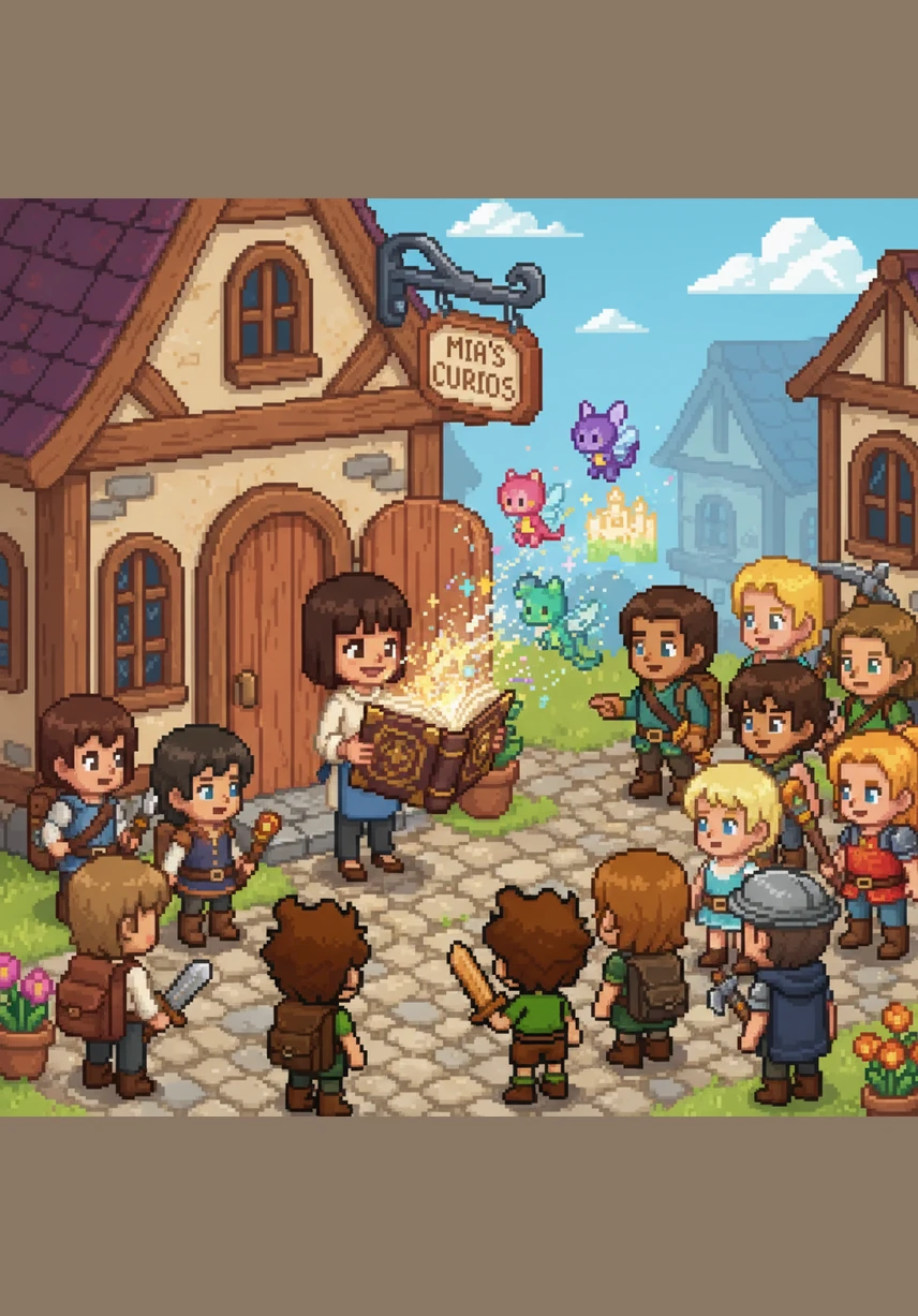 She steps outside and flips the pages of her new masterpiece for the gathered crowd. Suddenly, the sky above the shop begins to swirl with extra bright, dancing stars that mimic the drawings in her hands.