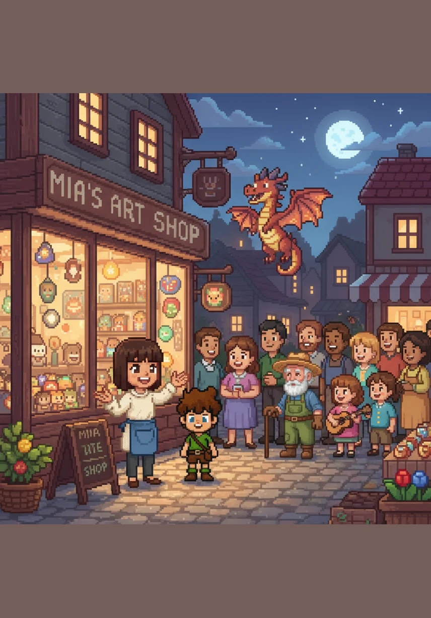 The shop becomes a beloved landmark where neighbors gather to share stories and witness the impossible. Mia realizes that her art hasn't just filled a shop, but has brought the whole community closer together.