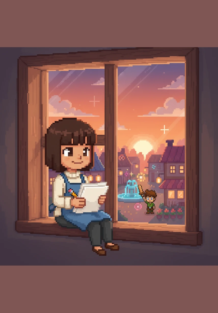 As the sun sets, Mia sits by her window and watches the town glow with the lingering magic of her creations. She picks up a fresh stack of paper, ready to start the next chapter of her wonderful journey.
