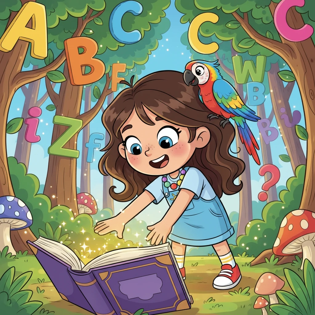 Sofia, uma menina curiosa e cheia de imaginação, encontrou um livro mágico aberto no chão do seu quarto. Ao tocar na primeira página, ela sentiu um formigamento e, de repente, estava numa floresta vibrante onde as árvores tinham formatos de letras. Uma arara colorida pousou no seu ombro, dando uma piscadela travessa.