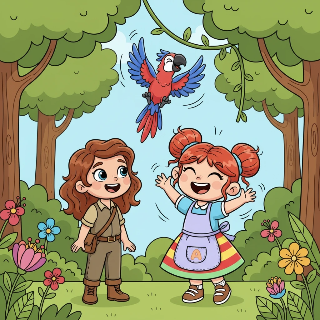 Sofia observou a Ana, uma garotinha de cabelos cacheados, rindo enquanto uma arara arteira fazia piruetas no ar. A arara, com penas azuis e vermelhas brilhantes, voava em círculos e se pendurava de cabeça para baixo, fazendo Ana gargalhar. O som da risada ecoava pela floresta, um começo divertido para a jornada de Sofia.