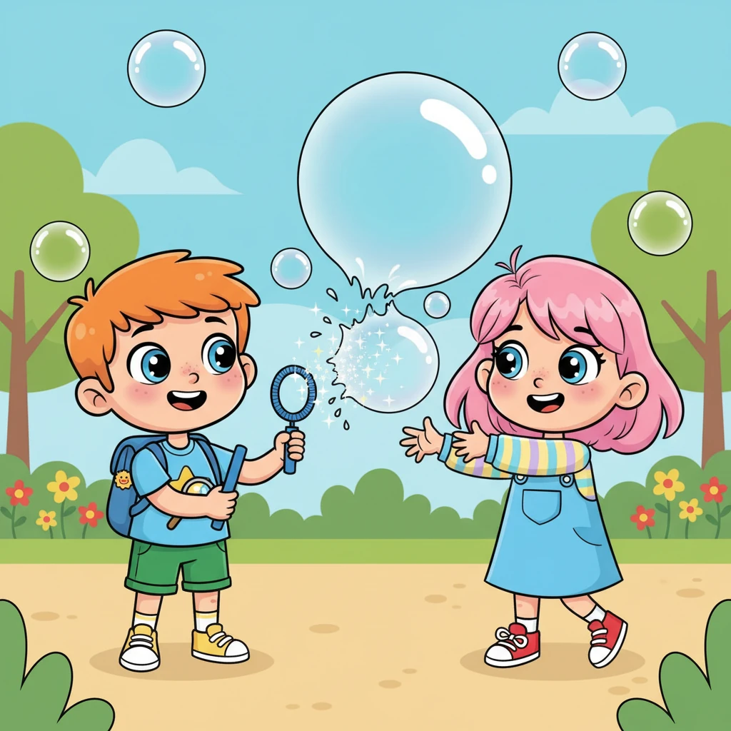 Mais adiante, Sofia viu o Beto, um menino sorridente, brincando com um soprador gigante que criava bolhas enormes. As bolhas, iridescentes e translúcidas, flutuavam suavemente antes de estourar com um suave "plim!", espalhando brilhos no ar. Sofia tentou pegar uma, mas ela desapareceu antes que pudesse tocá-la.