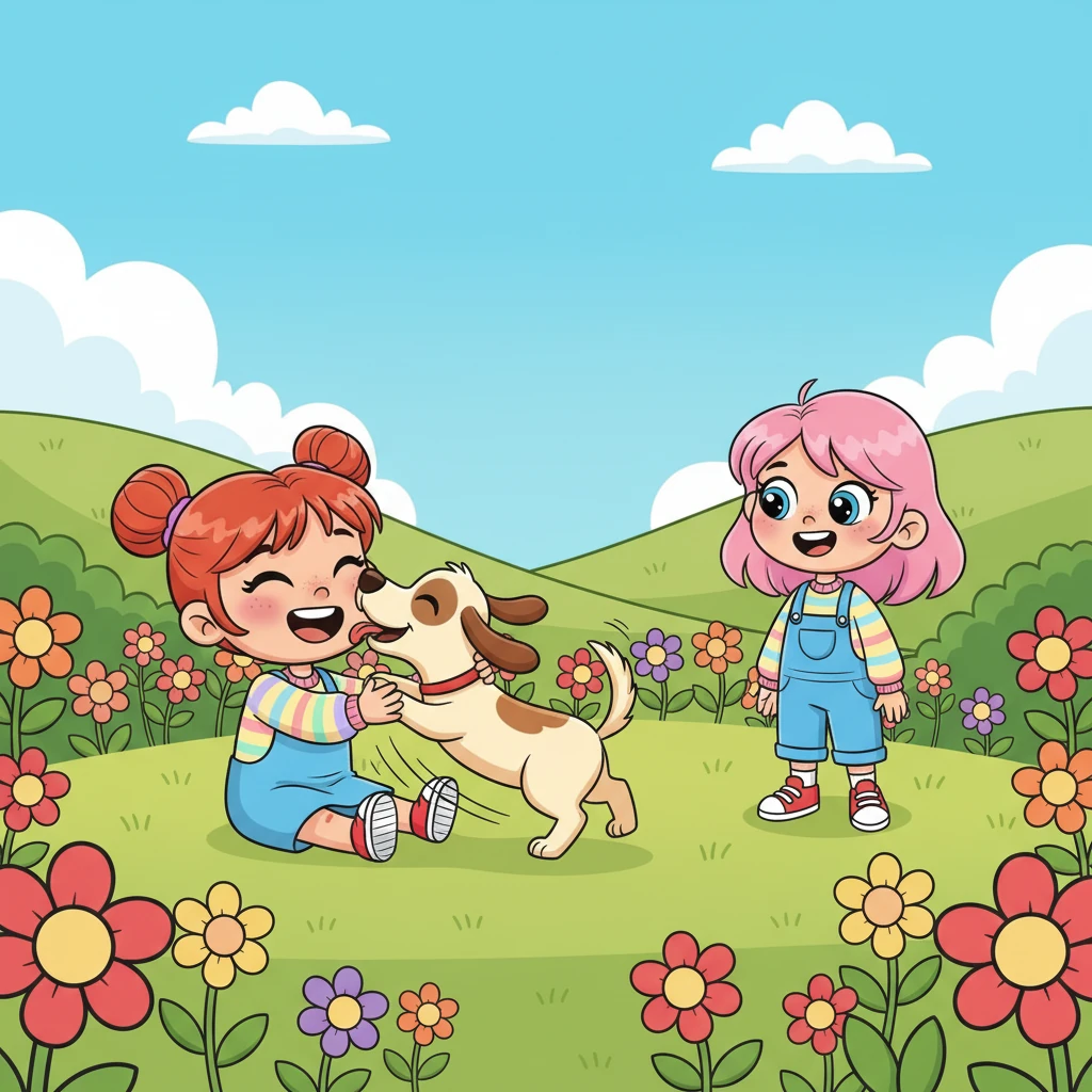 Caminhando por um campo florido, Sofia encontrou a Clara, que abraçava um cachorro muito curioso. O cãozinho de orelhas caídas corria em círculos, perseguindo a própria cauda com entusiasmo, e depois voltava para lamber o rosto de Clara. Sofia sorriu, lembrando-se de como seu próprio cachorro adorava brincadeiras.