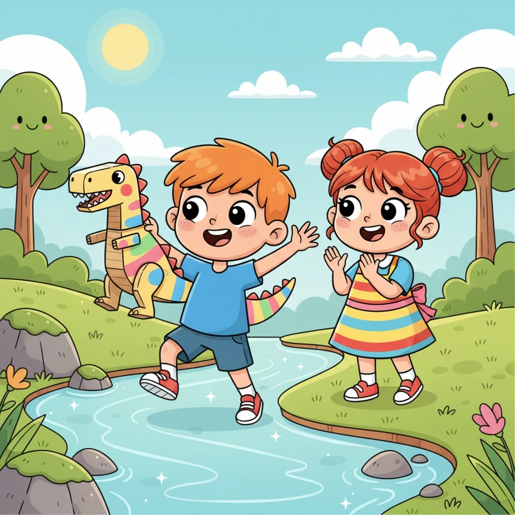 Perto de um riacho cristalino, o Davi dançava alegremente com um dinossauro de papelão. O dinossauro, pintado com cores vivas, balançava a cabeça e a cauda ao ritmo dos passos de Davi, como se estivesse vivo. Sofia bateu palmas, maravilhada com a criatividade daquela brincadeira.