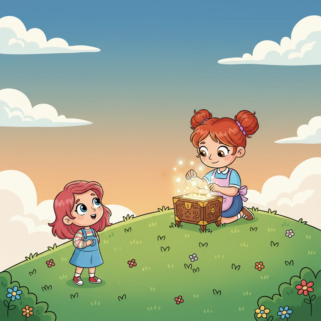 Subindo uma pequena colina, Sofia avistou a Eva, que cuidadosamente guardava estrelas cintilantes dentro de uma caixinha mágica. As estrelas piscavam e brilhavam, emitindo uma luz suave que iluminava o rosto de Eva. Sofia imaginou que segredos mágicos aquelas estrelas poderiam guardar.