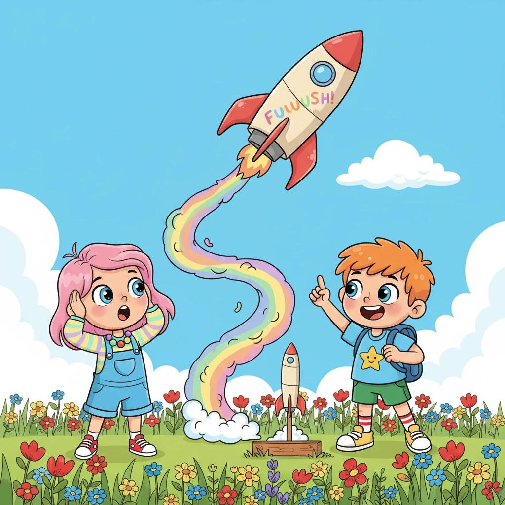 De repente, um som alto chamou a atenção de Sofia. Era o Felipe, lançando um foguete caseiro que fazia um sonoro "FUUUUSH" ao decolar para o céu azul. O foguete subiu alto, deixando um rastro de fumaça colorida, antes de cair suavemente em um campo de flores.