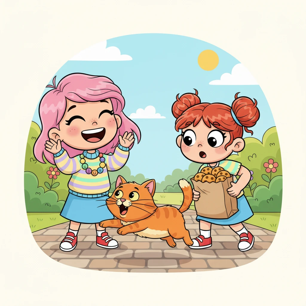 Sofia continuou sua jornada e viu a Gabi, que tentava esconder seus biscoitos de um gato guloso. O gato, com bigodes compridos e olhos pidões, miou e pulou, tentando alcançar a sacola de biscoitos de Gabi. Sofia achou engraçado como o gato era persistente.