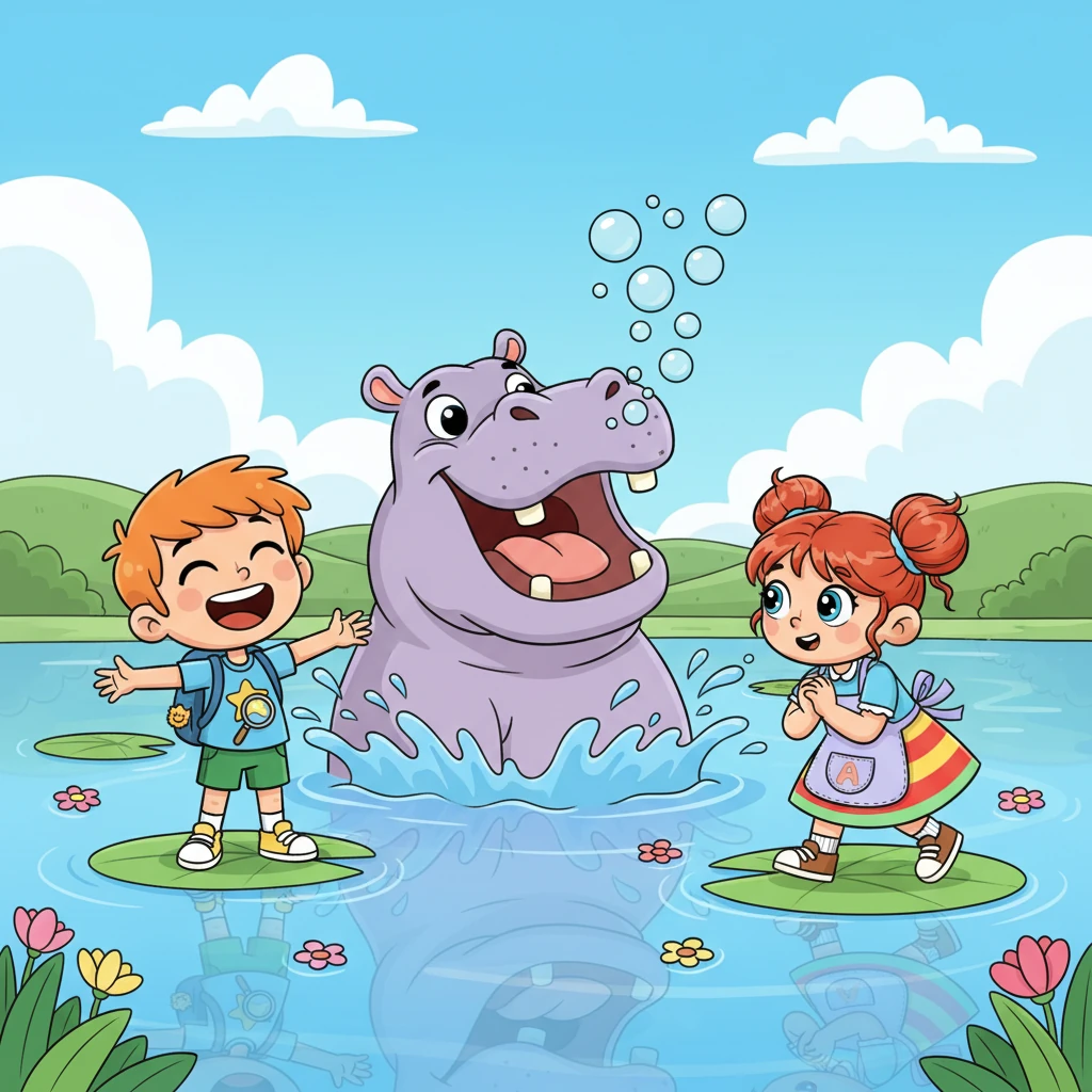 Em um lago de águas tranquilas, o Hugo conversava animadamente com um hipopótamo gigante que contava piadas. O hipopótamo soltava borbulhas enquanto "falava", e Hugo ria alto, balançando a cabeça. Sofia se aproximou, curiosa para ouvir uma das piadas do hipopótamo.