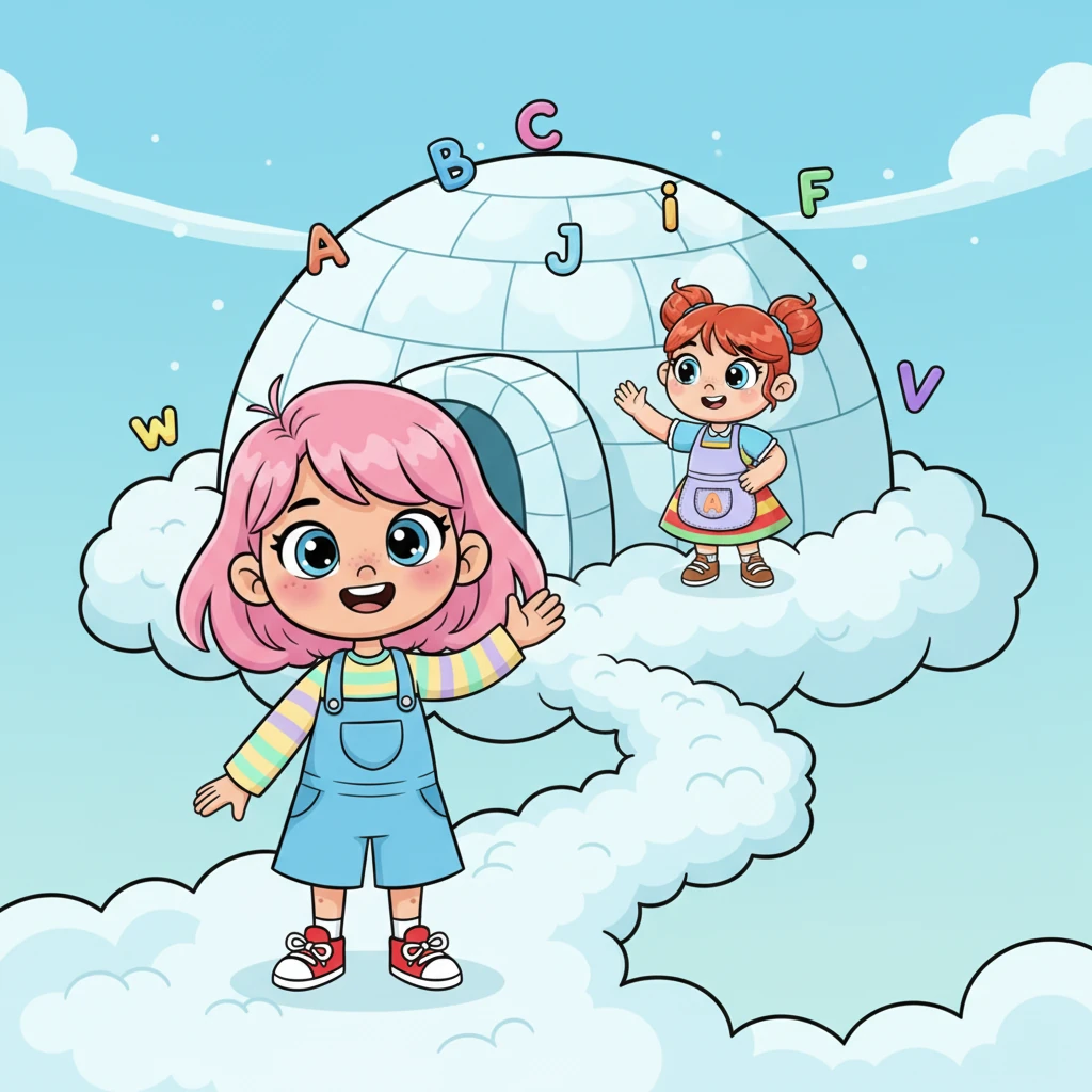 Finalmente, Sofia encontrou a Íris, que estava dentro de um iglu imaginário feito de nuvens fofas. O iglu branco e macio parecia flutuar no ar, e Íris acenou para Sofia, convidando-a para entrar. Sofia sorriu, sabendo que aquela aventura pelo alfabeto era só o começo de muitas outras.