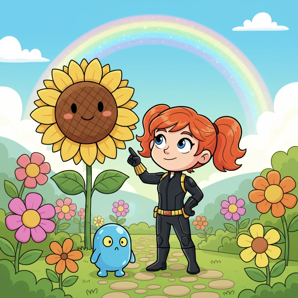 Nadia, a cheerful girl with bright red hair and bouncy pigtails, stands in her whimsical garden. A tiny, mischievous blue slime creature named Rory peeks out from behind a giant, smiling sunflower. They both gaze up at a faint, shimmery rainbow arching across the sky, sparking their curiosity.
