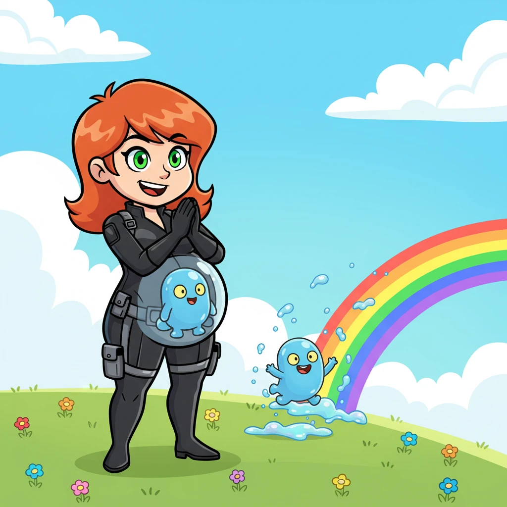 Nadia claps her hands with delight, a determined sparkle in her big, green eyes. Rory bounces excitedly, leaving a trail of tiny shimmering goo behind him. Together, they decide to embark on an adventure to find the very end of the beautiful rainbow.