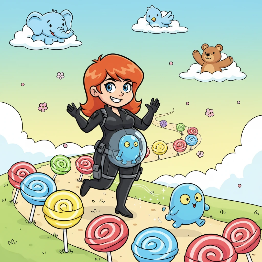 They set off, Nadia skipping along a path made of giant, colorful lollipops, and Rory rolling playfully beside her. Friendly, fluffy clouds shaped like animals wave hello as they pass by. The air is filled with giggles and the sweet scent of blossoms.