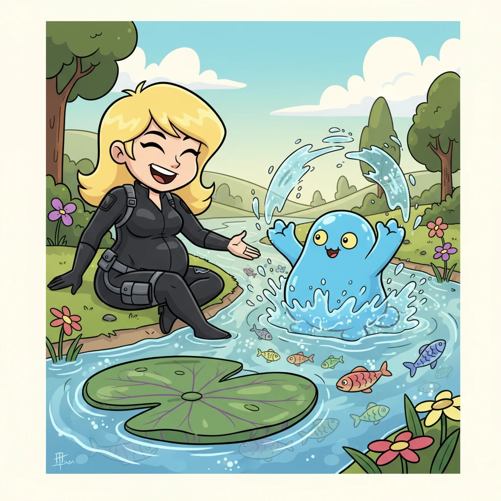 Their journey leads them to a bubbly, shimmering river where fish with rainbow scales swim happily. Rory, being a slime, loves the water and playfully splashes, making Nadia laugh with glee. They decide to build a little boat out of a giant, sturdy lily pad.