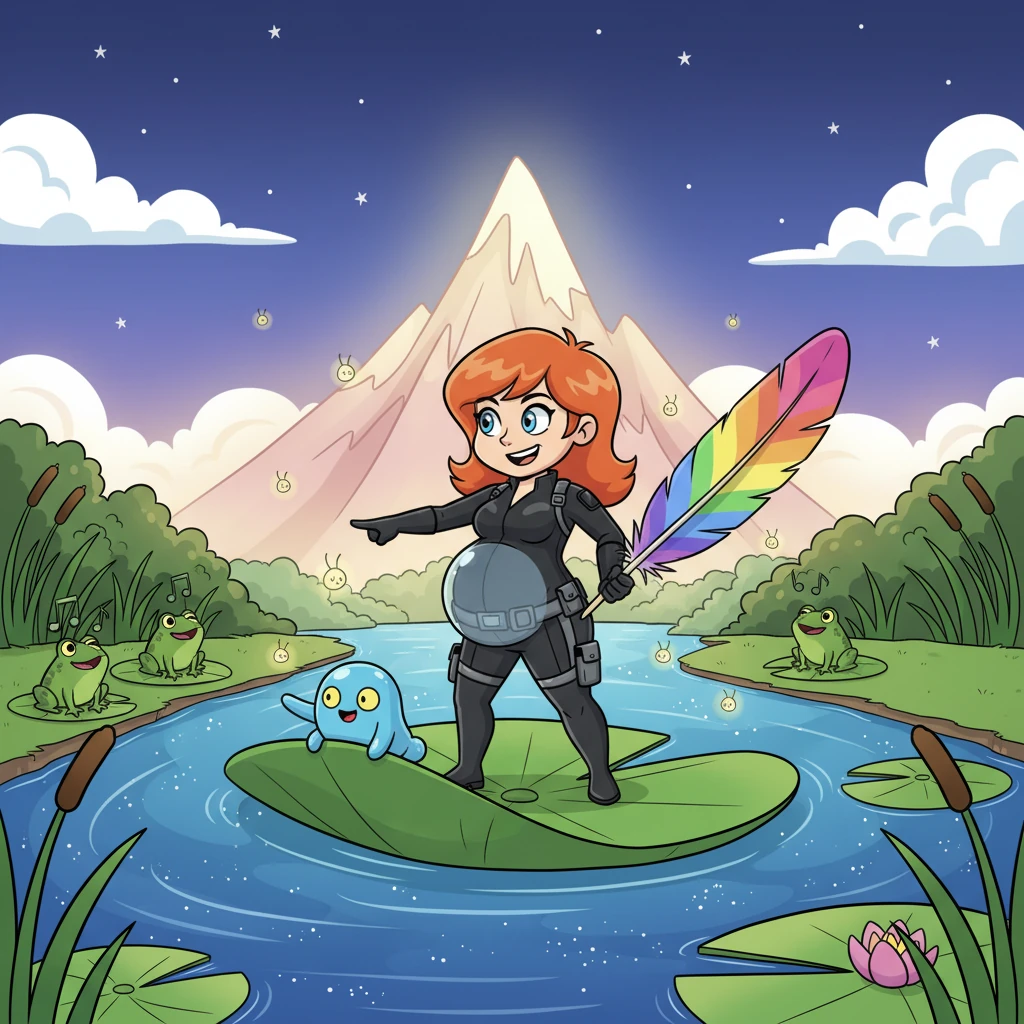 The lily pad boat gently floats them across the sparkly river, past glowing fireflies and singing frogs. Rory points excitedly at a distant, glowing mountain, its peak touching the clouds. Nadia steers with a big, colorful feather, her face beaming with joy and anticipation.