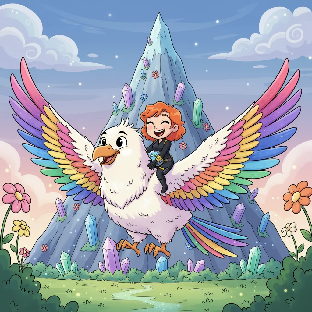 They reach the foot of the glowing mountain, which is covered in sparkling crystals and whimsical flowers. A friendly, giant fluffy bird with magnificent rainbow wings offers them a ride to the top. Nadia and Rory climb onto its soft back, ready for a sky-high adventure.