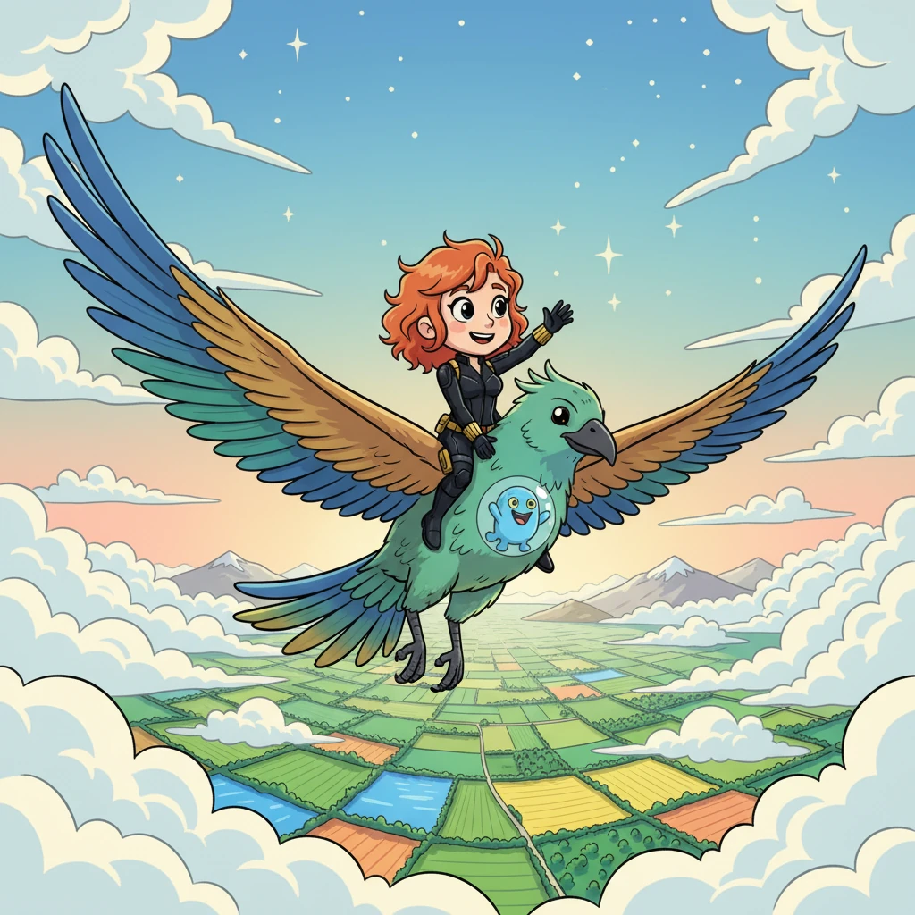 Soaring high above the clouds, Nadia and Rory gasp at the breathtaking view below them. The world looks like a colorful patchwork quilt, stretching out endlessly. Rory wiggles with pure happiness, and Nadia holds onto the bird's soft feathers, feeling like she can almost touch the stars.
