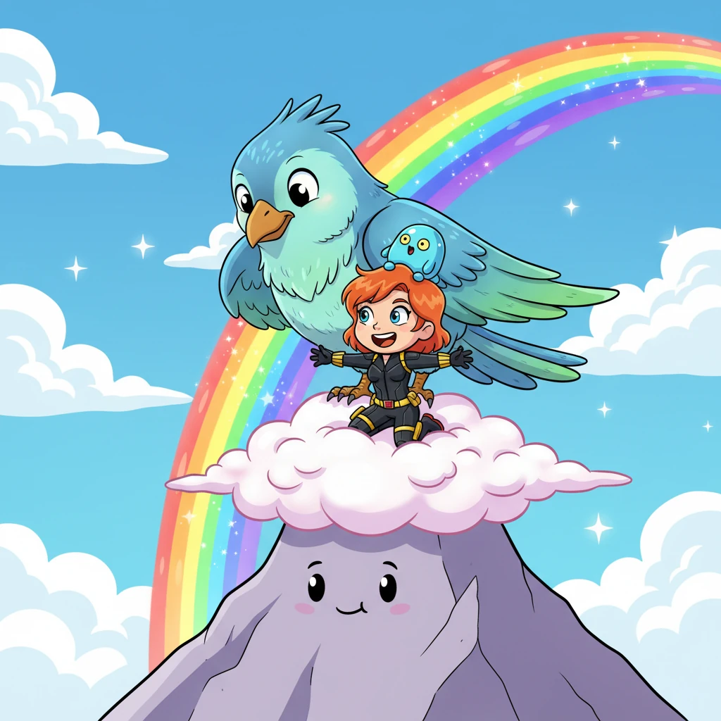 The kind bird lands them gently on a fluffy cloud at the very top of the mountain, where the rainbow seems to touch down. It's more vibrant and brilliant than they ever imagined, casting a magical glow all around them. Nadia and Rory are completely amazed by its incredible colors.