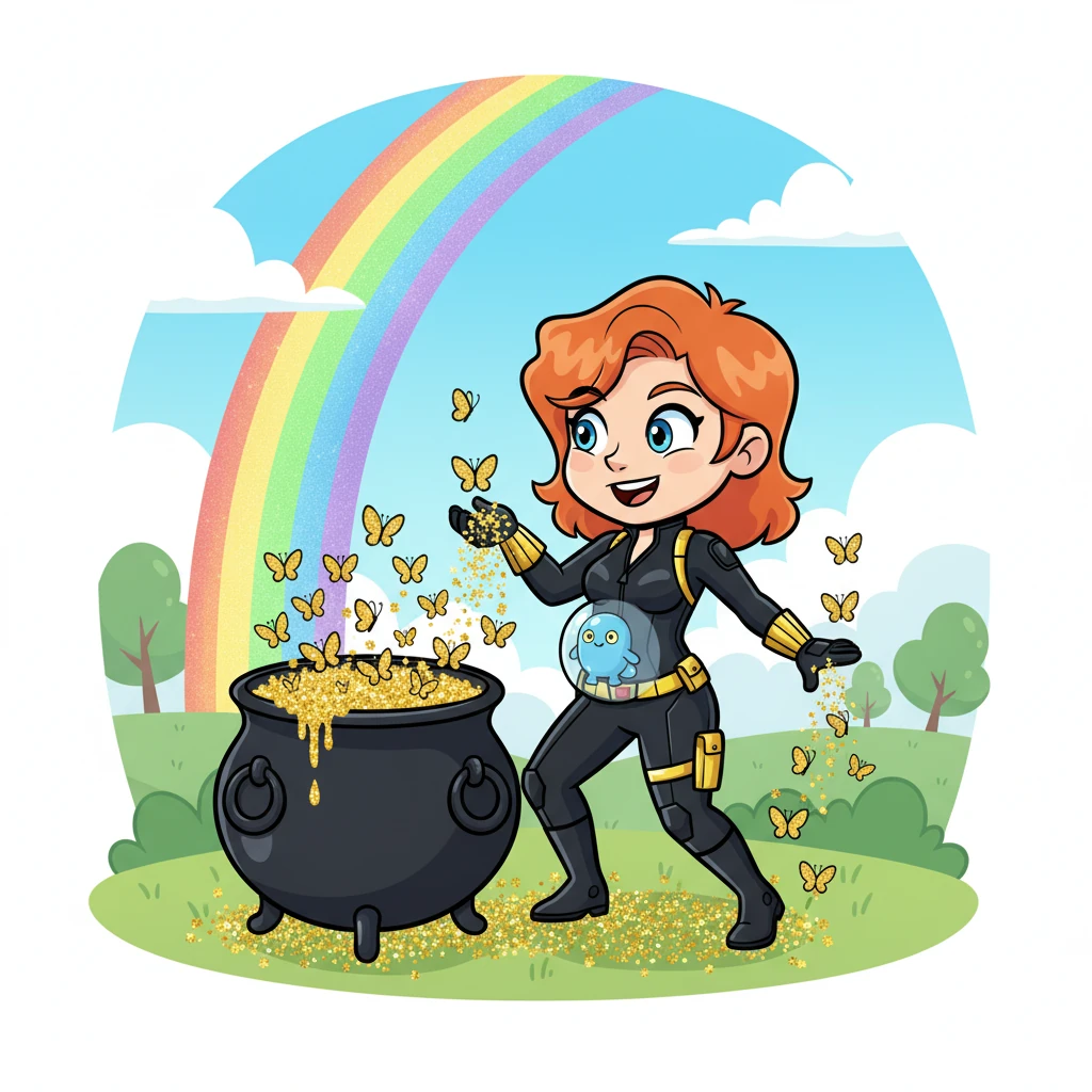 At the rainbow's end, they discover a magical pot filled with sparkling golden glitter, not ordinary gold coins. They sprinkle some of the glitter, and it instantly transforms into tiny, shimmering butterflies that flutter playfully around them. Nadia and Rory dance with the butterflies, their hearts full of wonder and delight.