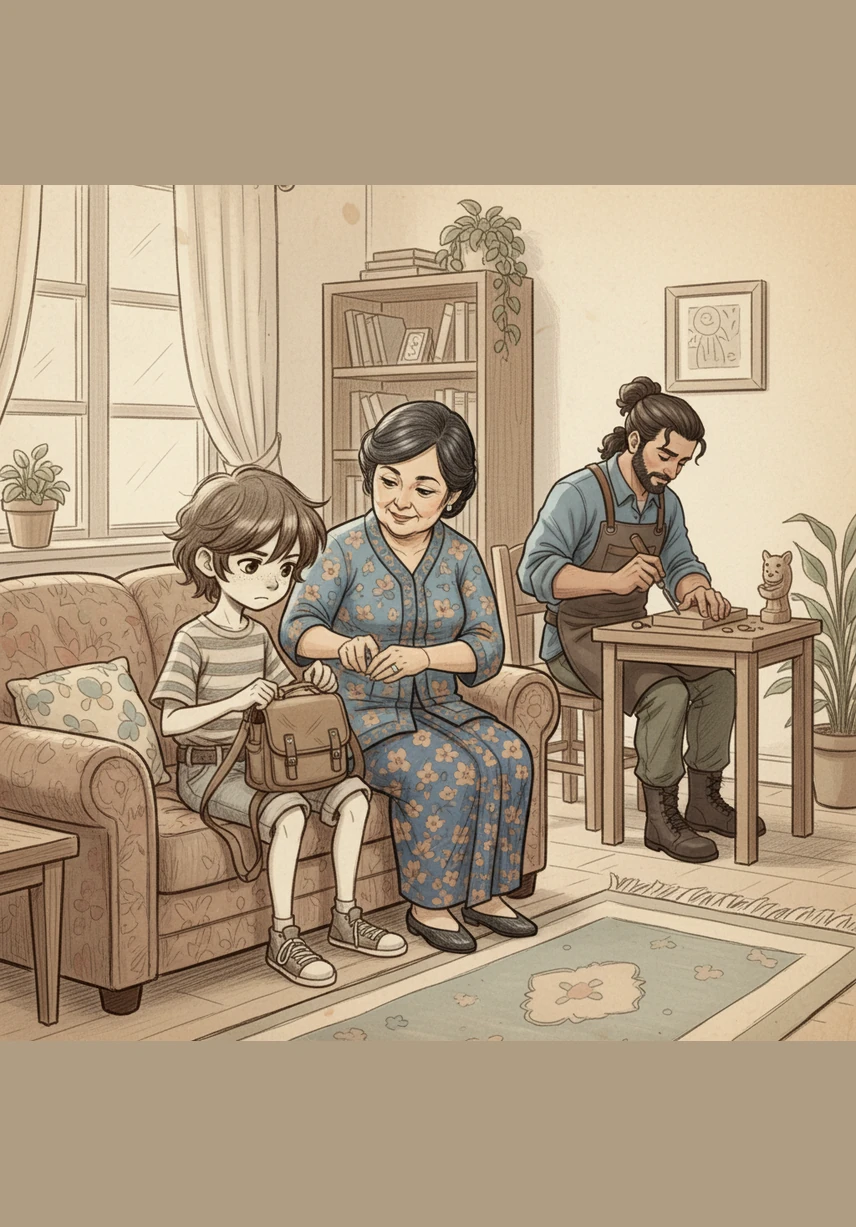 Bimo melihat Ibu sibuk di dapur dan Ayah sedang menyapu halaman dengan peluh di dahi. Dia duduk di sofa merasa bingung karena tidak tahu bagaimana cara ikut membantu mereka agar pekerjaan cepat selesai.