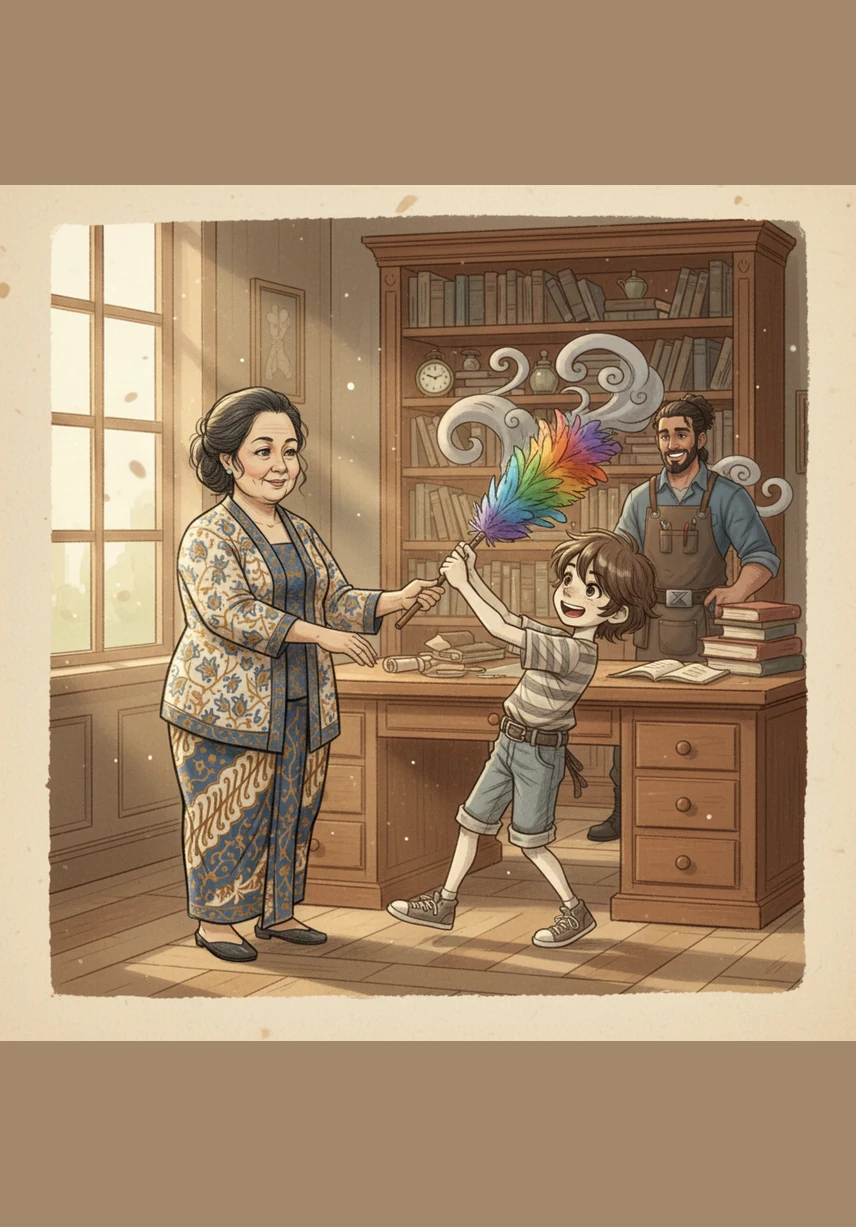 Ibu memberikan kemoceng bulu warna-warni kepada Bimo dan menyebutnya sebagai Tongkat Penghalau Debu yang ajaib. Bimo mulai mengayunkan tongkat itu dengan semangat, membayangkan dirinya sedang mengusir awan mendung dari atas meja dan rak buku.