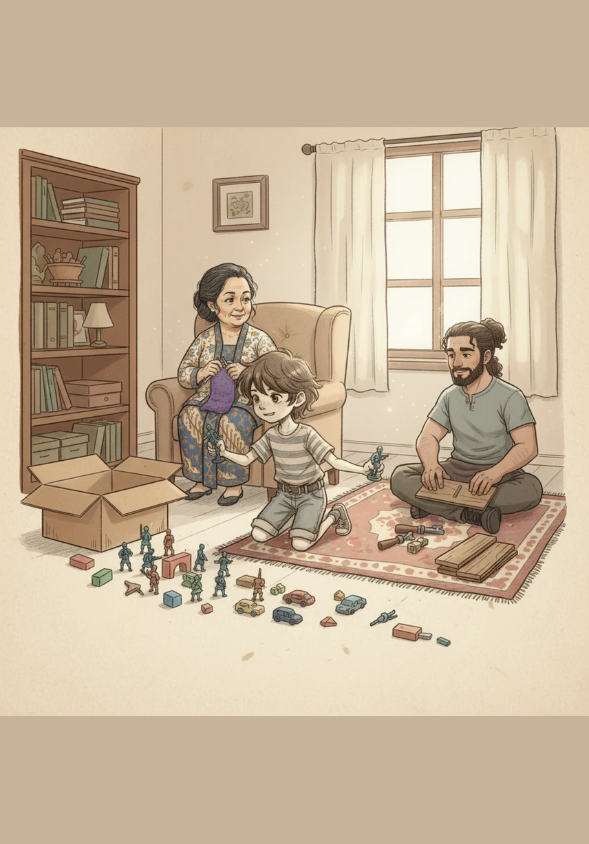 Bimo beralih ke ruang tengah untuk merapikan mainan-mainannya yang berserakan di lantai. Dia berpura-pura menjadi seorang komandan hebat yang memandu para prajurit mainan kembali ke markas kotak mereka yang rapi dan nyaman.